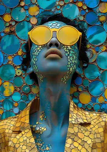 blue woman with gold glasses 110x160cm
