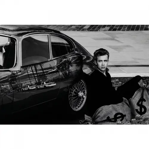 James Dean the Rebel with Car B&W 80x120x2cm