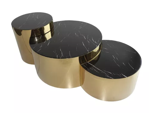 Stainless steel Coffee table Ashville, gold with black faux marble top (set of 3)